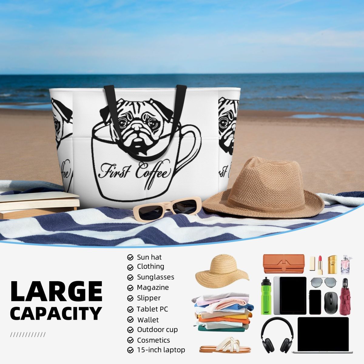Pug First Coffee Beach Tote Ba - Yoga Fitness First ulasan dan harga